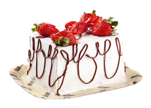 Bolo branco, recheio de creme gelado com morangos e brigadeiro, cobertura de chantilly, trufado de chocolate preto e morangos.