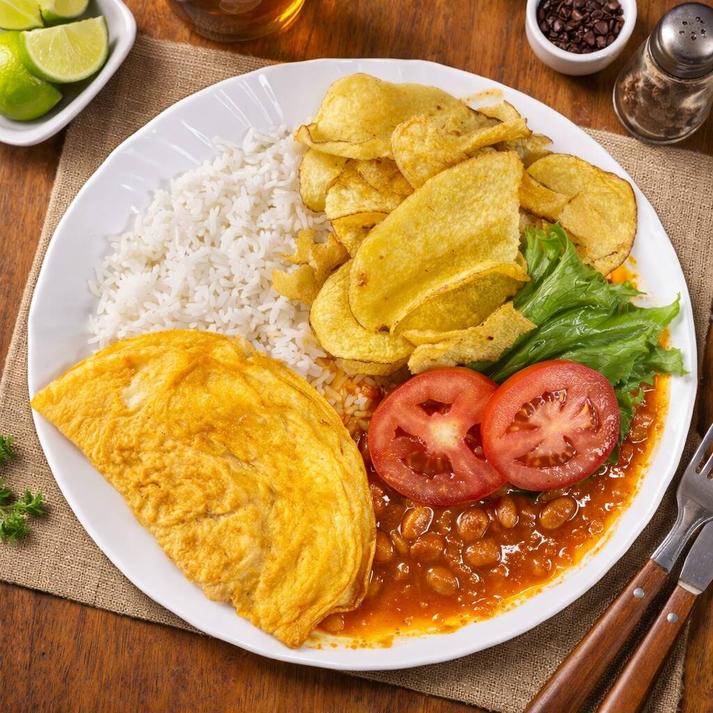 Arroz branquinho e soltinho, feijão carioca fresquinho e temperado, omelete recheado com queijo muçarela ou calabresa em cubos, salada fresca separadamente, acompanha purê de batata cremoso ou batata frita caseira.