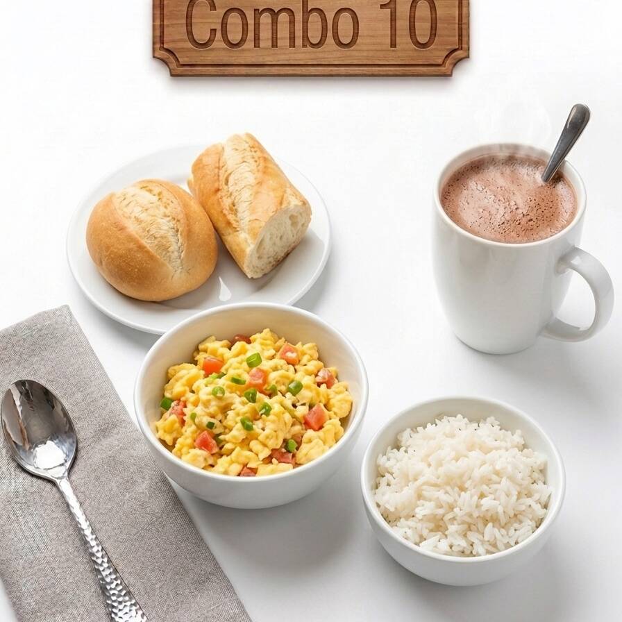 Huevos arroz chocolate pan
