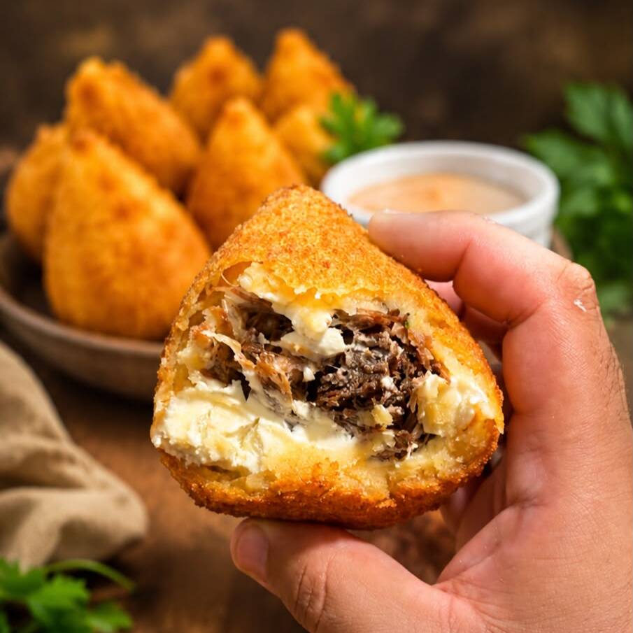 Deliciosas coxinhas artesanais recheadas com sabores irresistíveis, crocantes por fora e macias por dentro. Experimente essa delícia!