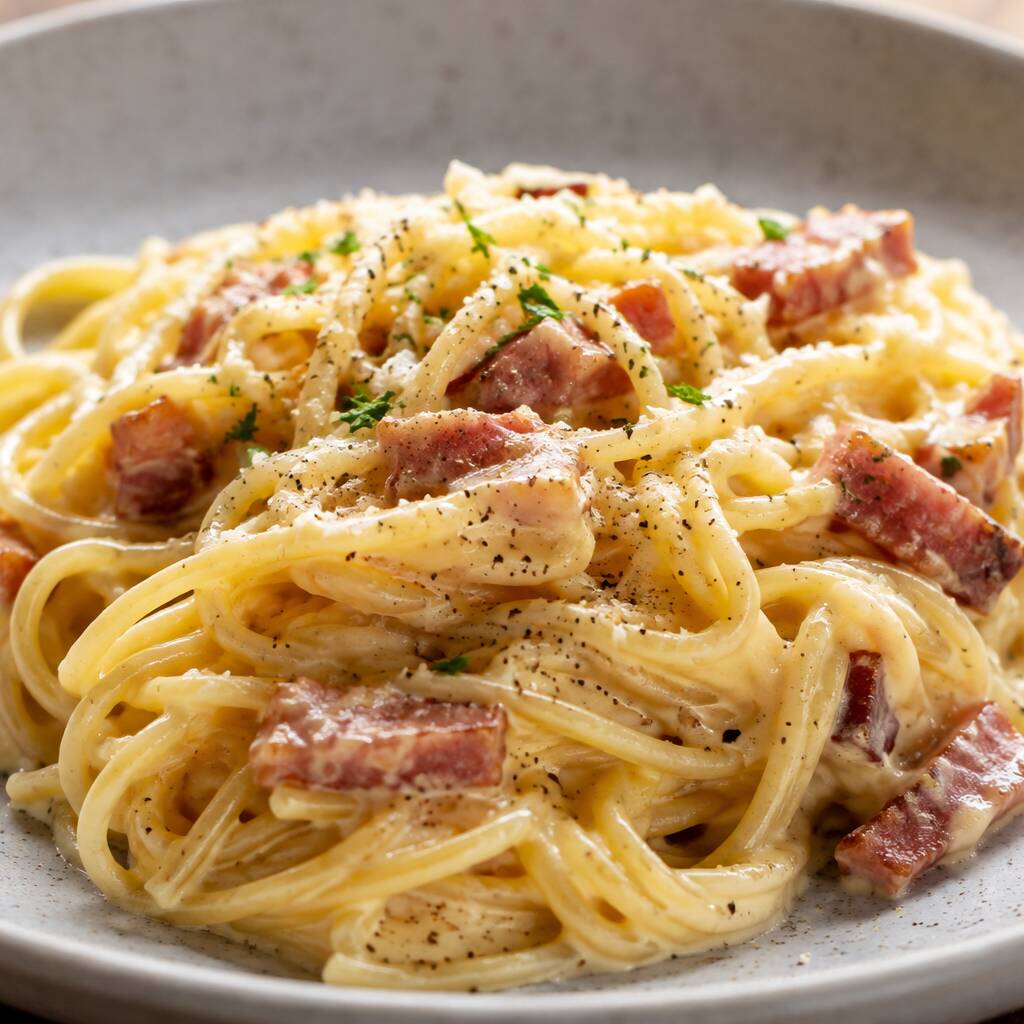 Penne ao molho branco cremoso com bacon e toque de pimenta
