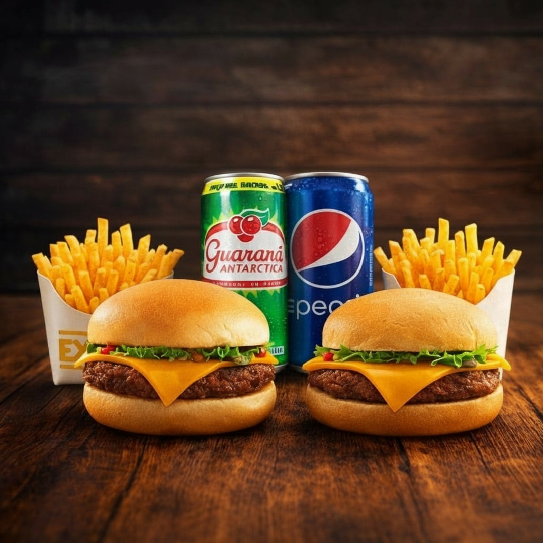 2 lanches + barca de batata com cheddar e bacon + 2 latas de refrigerante (de acordo com a disponibilidade do restaurante).