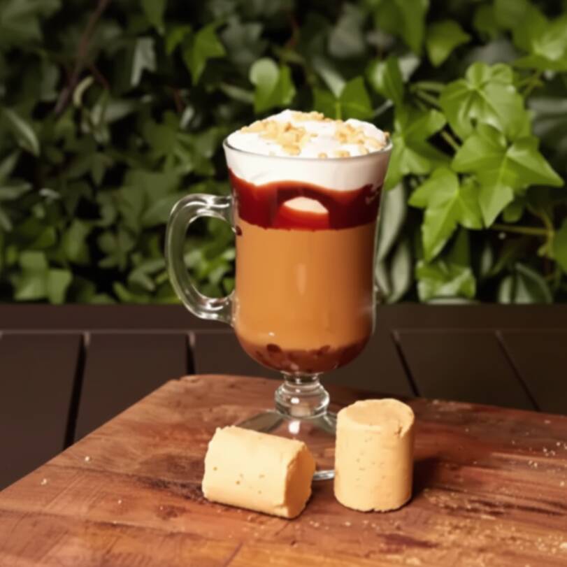 Café expresso, paçoca, chocolate em pó e leite vaporizado