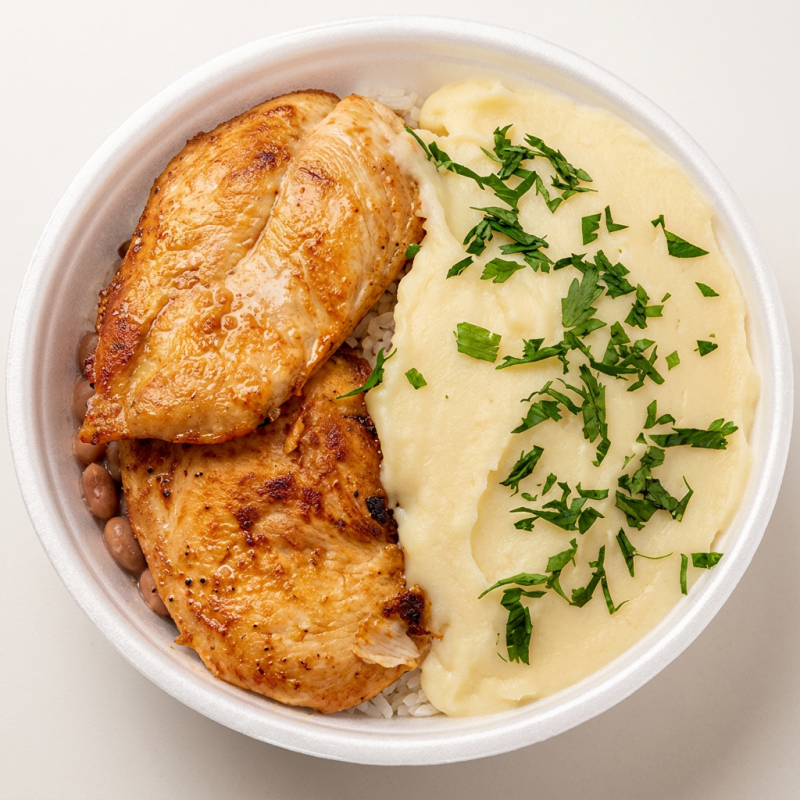 Frango Grelhado, Arroz, Feijão e Purê de Batata