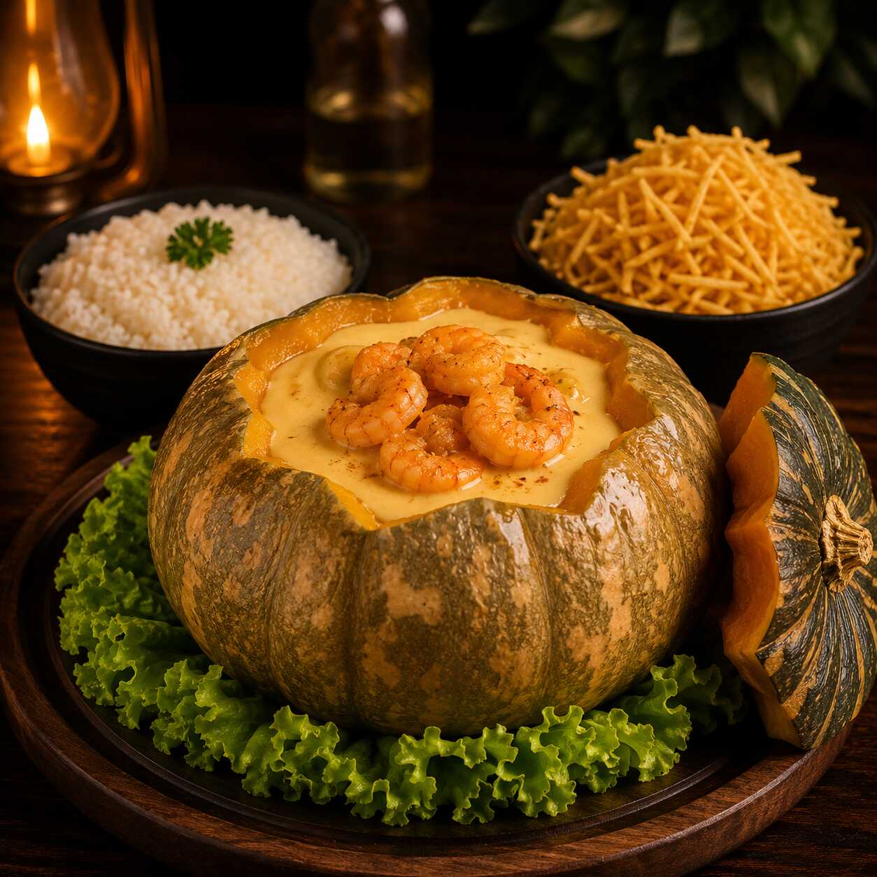 Camarão na Moranga para 1 pessoa, acompanha arroz e batata palha.
