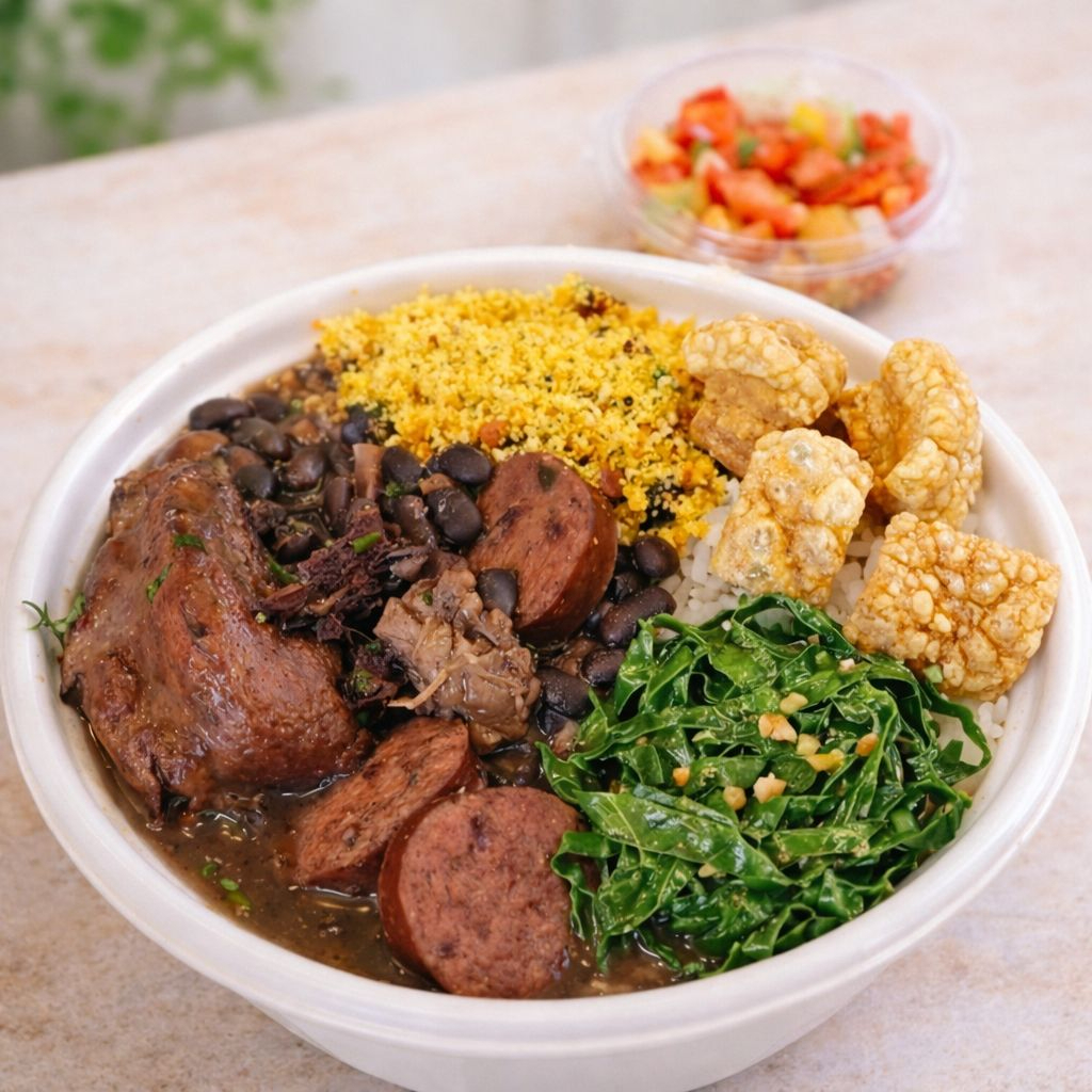 Feijoada completa com pertences defumados, servida com arroz, farofa, laranja, couve, torresmos e vinagrete.