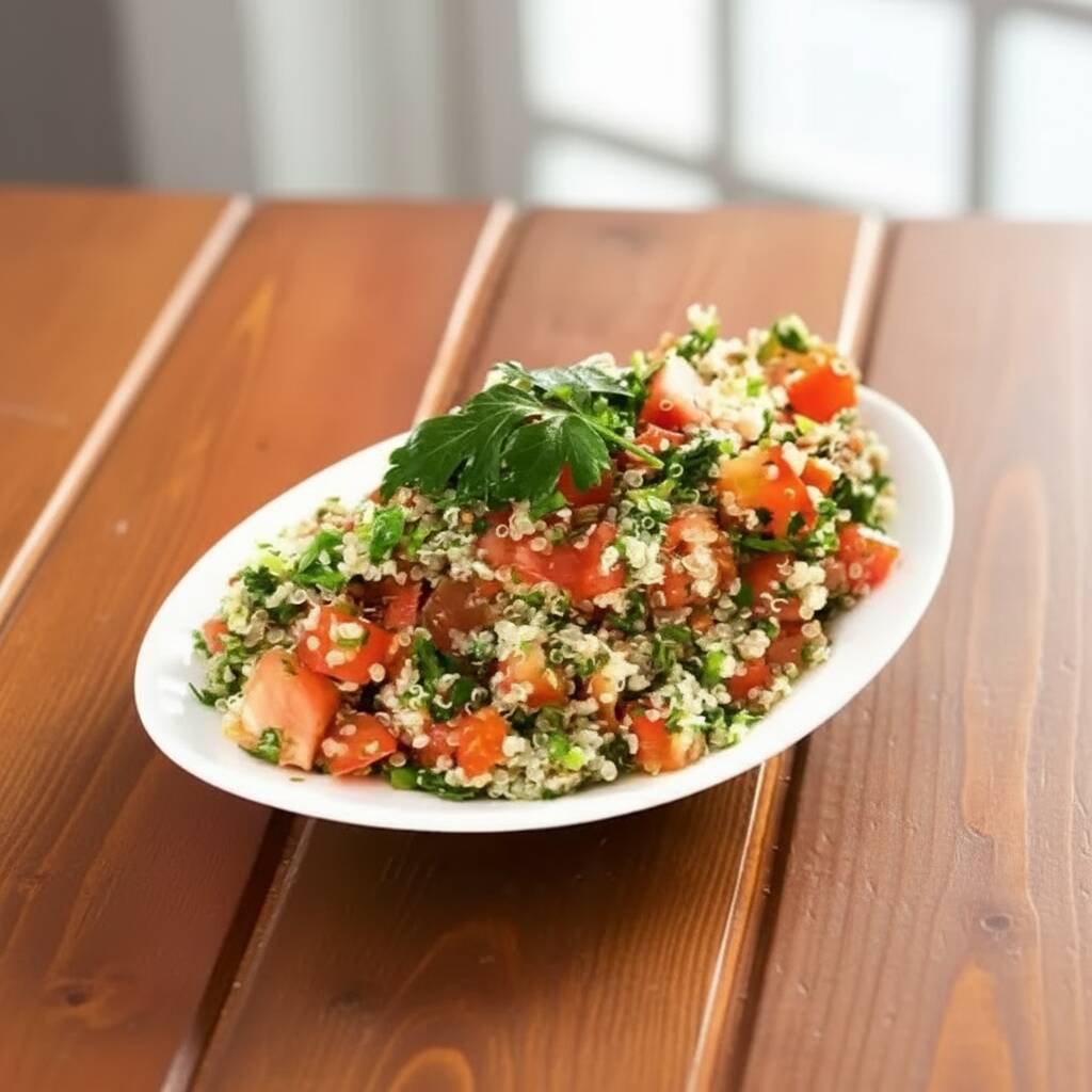 Trigo de kibe, cebola, tomate, pepino e salsinha. Acompanha pão sírio.