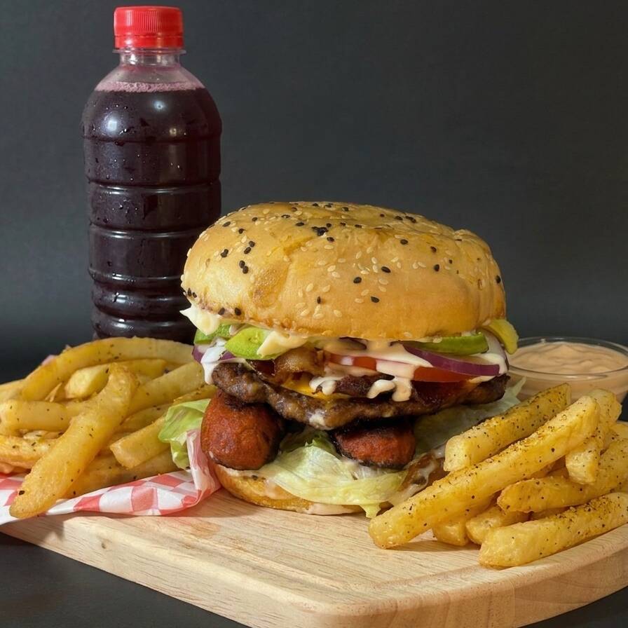 Hamburguesa Monster + Orden de Papas + Agua Fresca