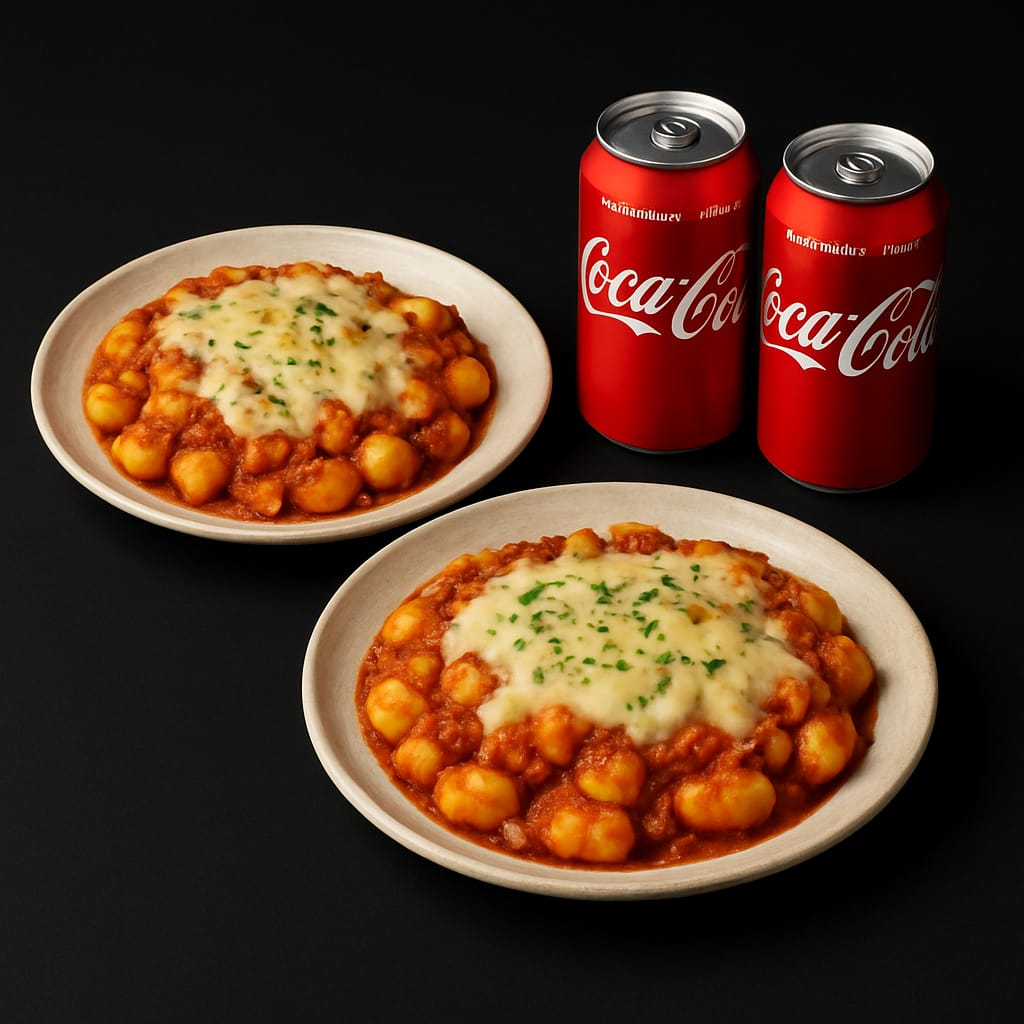 Nosso nhoque artesanal de aipim servido com um clássico molho à bolonhesa feito com carne moída bovina, molho de tomate e temperinhos, finalizado com mussarela e salsinha fresca + 1 Coca Cola Lata