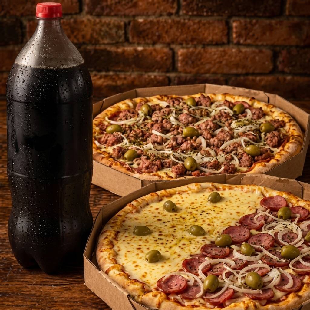 Pizza meio calabresa e meio mussarela e uma pizza calabresa+ um refrigerante 2 litros