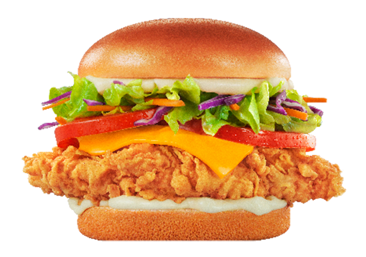 Filé de peito de frango crocante 120g, queijo tipo cheddar fatiado, salada, tomate e maionese defumada no pão brioche.