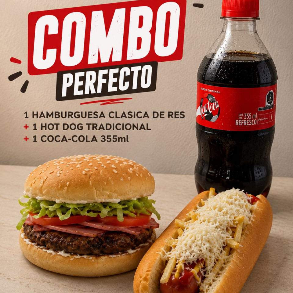 Combo Mix: 1 Hamb de Res +1 Hot Dog+ Refresco355ml