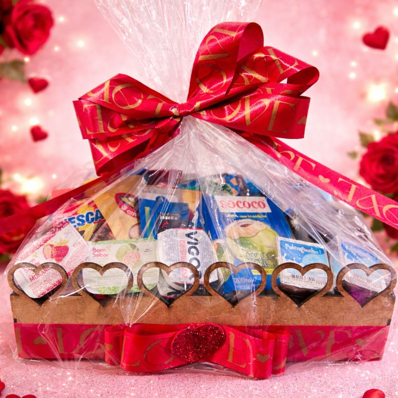2 salgadinhos de trigo sabor churrasco • 1 biscoito salgado Piraquê tipo Clube Social • 2 Choco Biscuit Bauducco • 2 pacotes de torradas • 1 bolinho zero açúcar sabor chocolate • 1 achocolatado Nescau • 1 água de coco • 1 suco de uva Del Valle • 2 cappuccinos • 2 geleias • 2 manteigas • 2 Polenguinhos • 1 biscoito Cookie Toddy • 1 sachê de açúcar • 1 sachê de sucralose (adoçante) • 1 barrinha de cereal sabor coco • 1 barrinha de cereal sabor banana