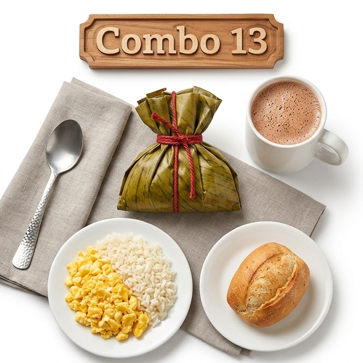Tamal, arroz, huevo al gusto, chocolate, pan