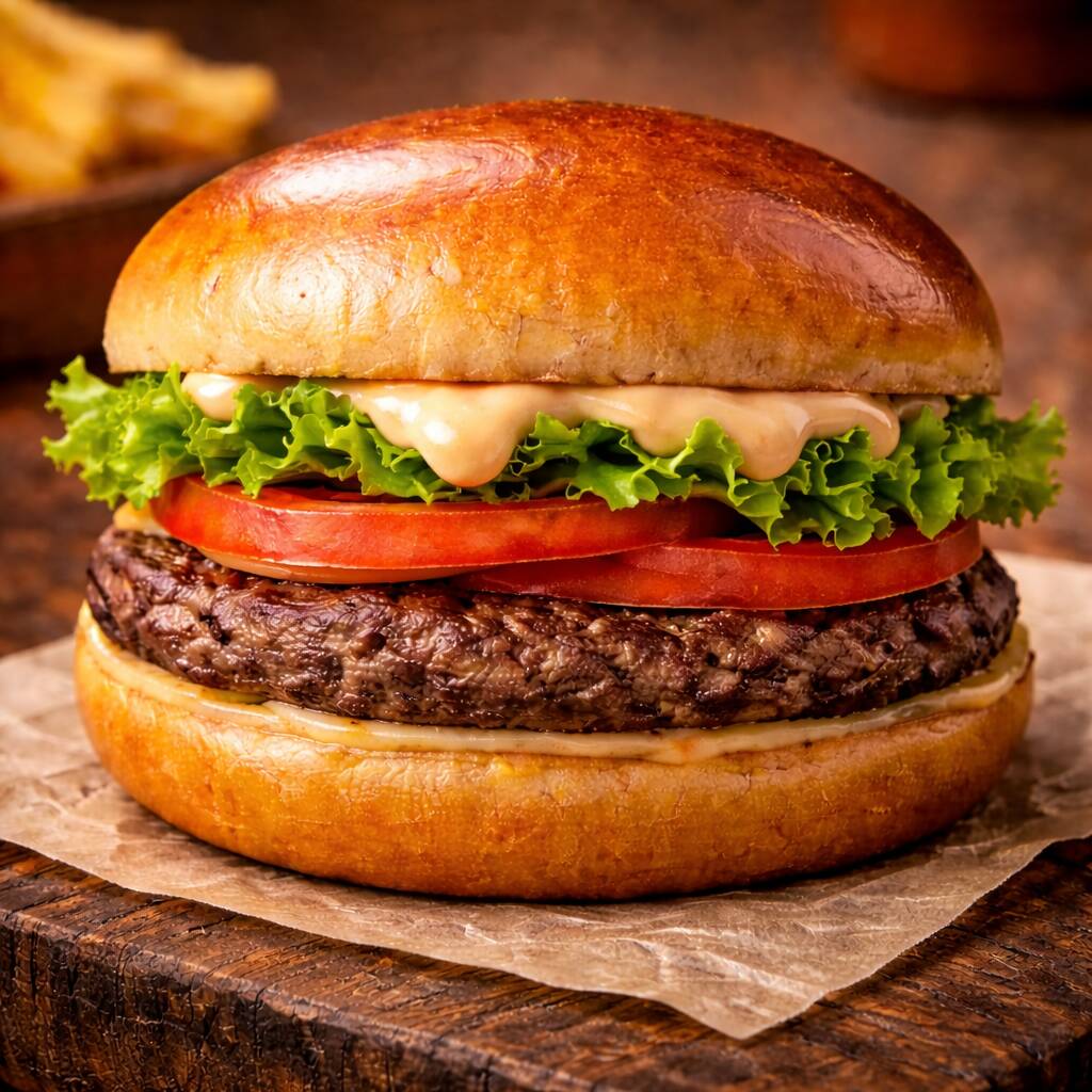 Pão, Carne de hamburguer 52g, alface, tomate e molho da casa