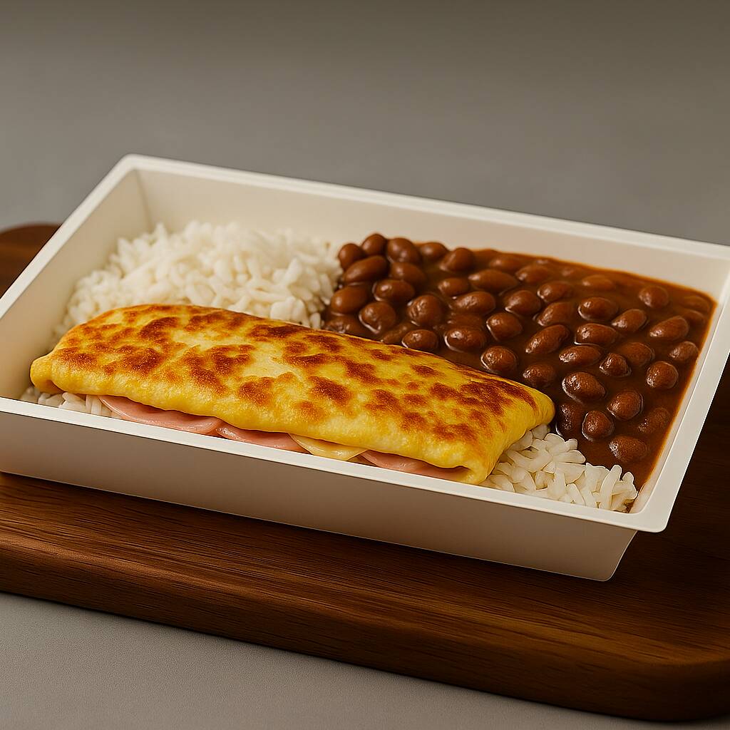 Refeição simples e deliciosa! Omelete fofinho de presunto e queijo, servido com arroz soltinho e feijão temperado no ponto certo. Marmita de 500g com aquele sabor caseiro que conforta.