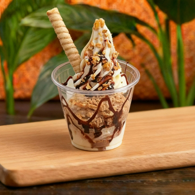 Escolher sabor ( baunilha , misto ou chocolate) Escolher o sabor e a calda morango ou chocolate.