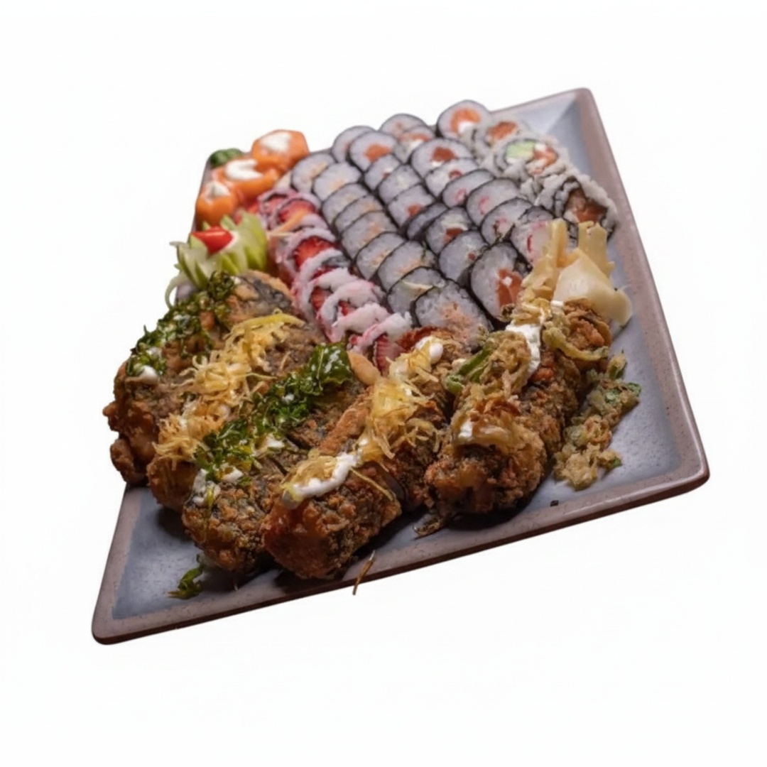 60 SUSHI , 40 HOT E 10 GUNGAN (imagem meramente ilustrativa)(enviamos somente 1 unidade de cada molho e 2 pares de hashi)..