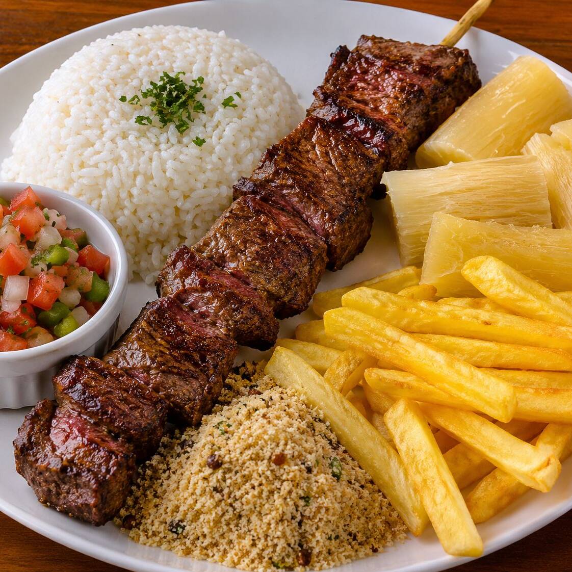 ARROZ -BATATA FRITA OU MANDIOCA -FAROFA-VINAGRETE- 1 ESPETO