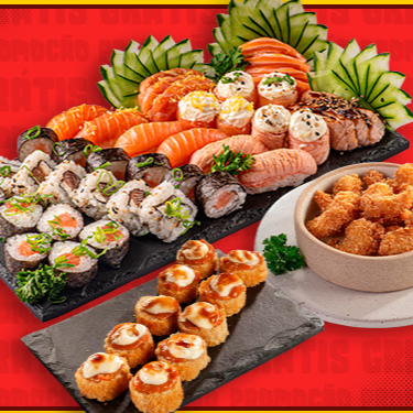 Pipoca de Camarao + Combinado Salmão Premium: 4 sashimi de salmão 4 sashimi de salmão trufado 4 sashimi de salmão toast 2 sushis de salmão 2 sushis de salmão trufado 2 sushis de salmão toast 2 joe joe tradicional 2 joe joe trufado 2 joe joe toast 6 salmão maki 6 uramaki salmão 6 Philadelphia salmão + Haru Hot Banana Nevada