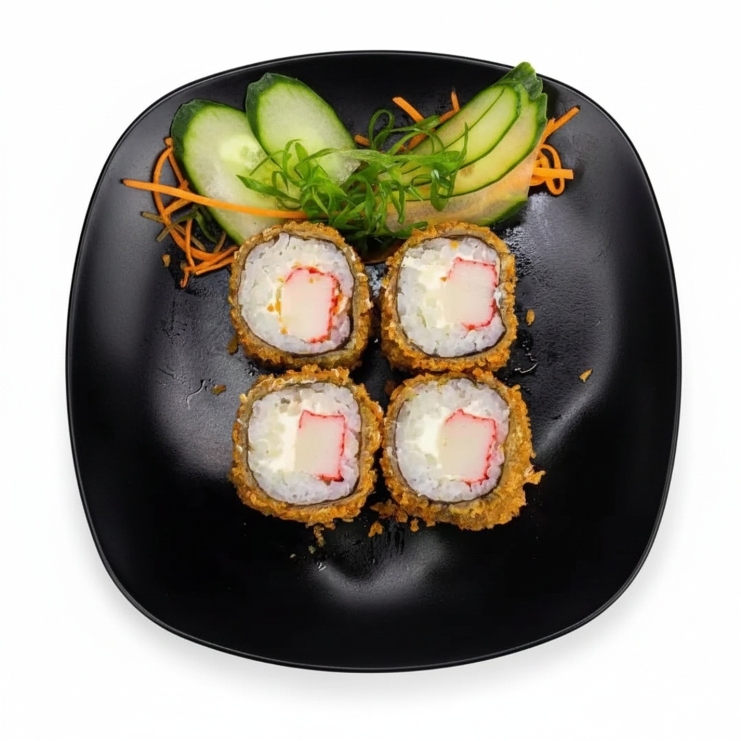 Rolo de sushi com recheio de Kani e cream Cheese e arroz, empanado e frito por fora.