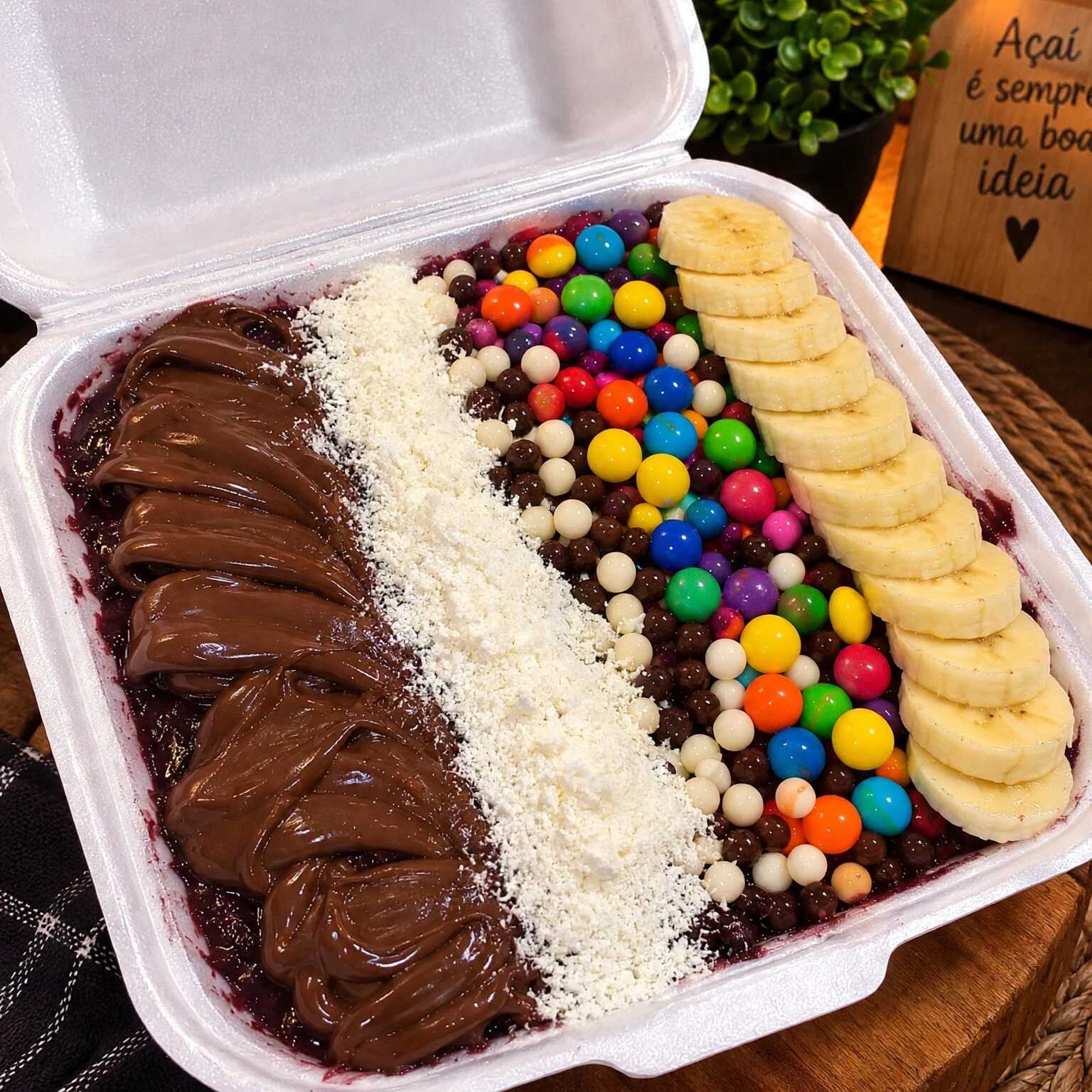 Açai cremoso e geladinho na medida certa. Escolha ate 7 complemento para monta do seu jeito. Perfeito
com granola, pó de amendoim, Xerém , pó de paçoca, msm confetes , cereais, jujuba leite condensado , leite, calda de morango para matar aquela vontade de um doce Após lanche