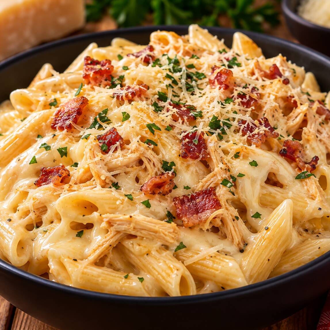 Penne envolvido em um cremoso molho 4 queijos, preparado com Catupiry® Original, parmesão, muçarela e provolone, acompanhado de frango desfiado, bacon e queijo ralado. Uma verdadeira explosão de cremosidade e sabor! 🧀🍝
Assim a gente mantém frango desfiado e bacon, que fazem parte do seu prato, mas dá bastante destaque aos 4 queijos e ao Catupiry® Original.