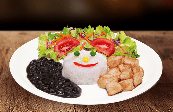 Deliciosas tirinhas de carne temperadas (Aprox. 120g in natura), arroz e 2 acompanhamentos à sua escolha