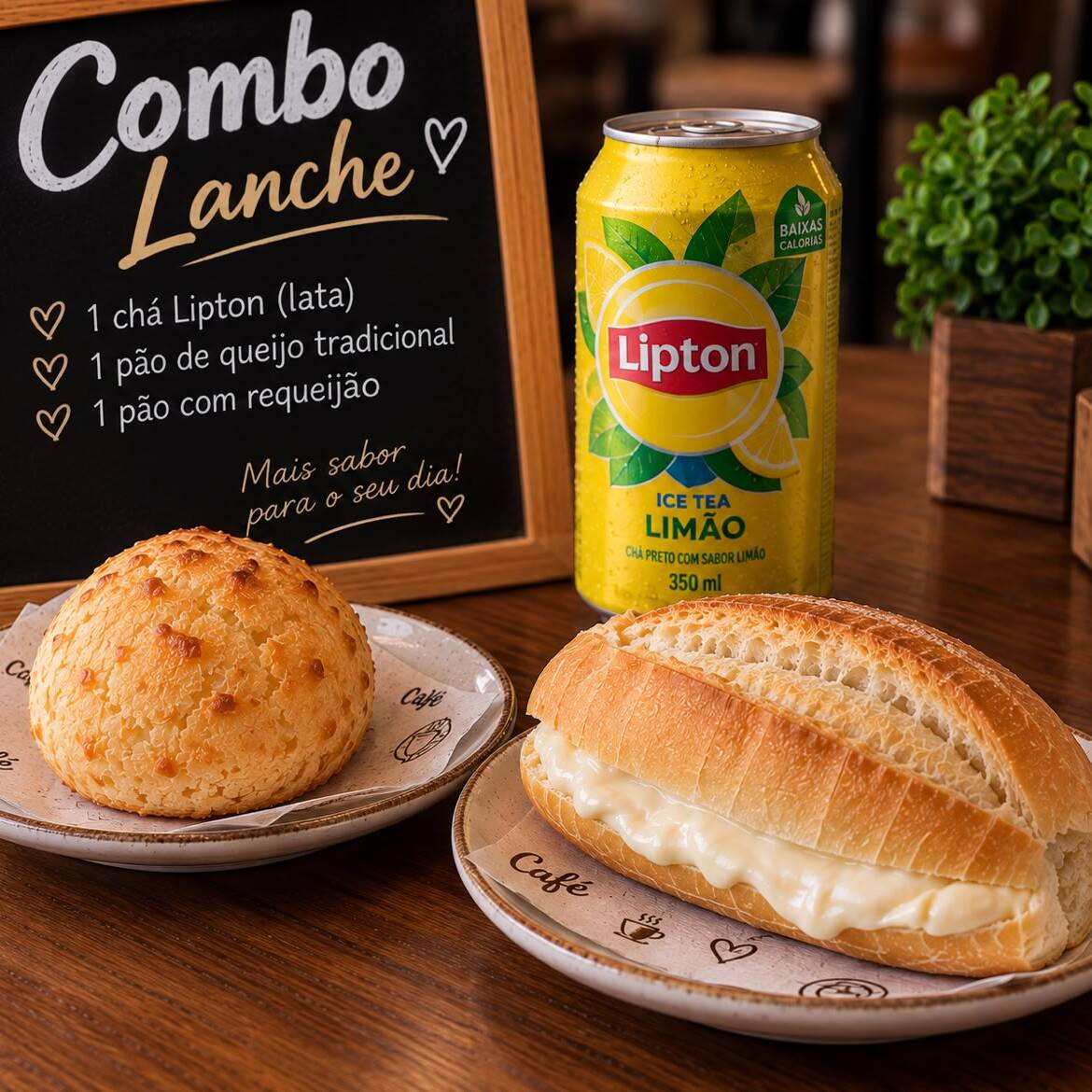 1 Chá gelado
1 Pão de queijo tradicional
1 Pão com requeijão