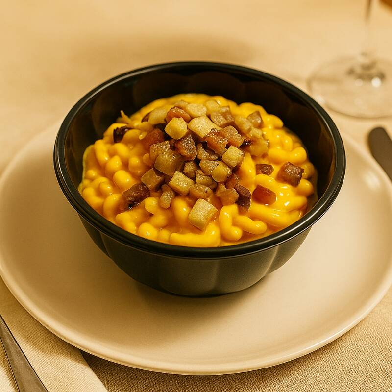 Macarrão Caracou Cozido No Ponto Certo Com Um Molho De Cheddar E Cubos De Bacon Tudo Uma Delícia Aproximadamente 550gr