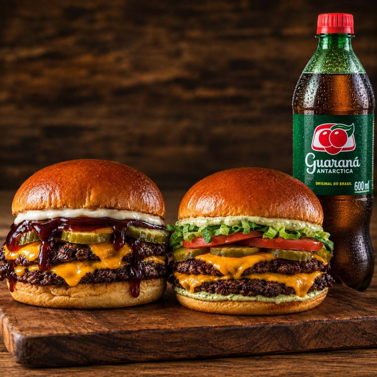Combo casal gold: 01 Flash smash (Pão brioche amanteigado, picles de pepino, 2 carnes smash 100g com queijo cheddar derretido e maionese da casa com leve toque de barbecue defumado) + 1 Flash salada (Pão brioche amanteigado, alface e tomate fresco, picles de pepino, 2 carnes smash 100g com cheddar fatiado, com maionese verde no pão) + refrigerante 600ml à sua escolha. ATENÇÃO: Imagem meramente ilustrativa, o combo não acompanha batata frita.