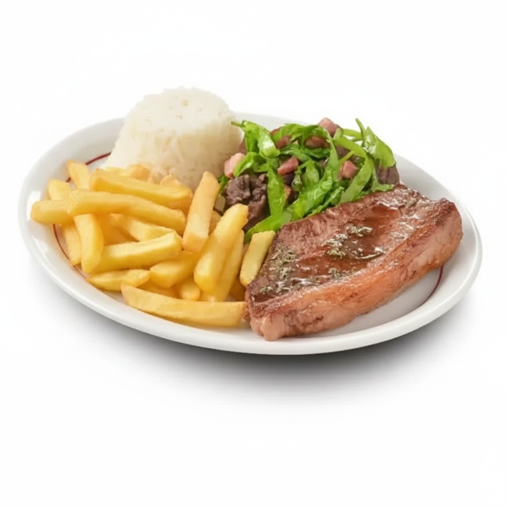 Grelhado + Tutú de feijão + Couve com bacon + Fritas + Arroz. Embalado em marmita.