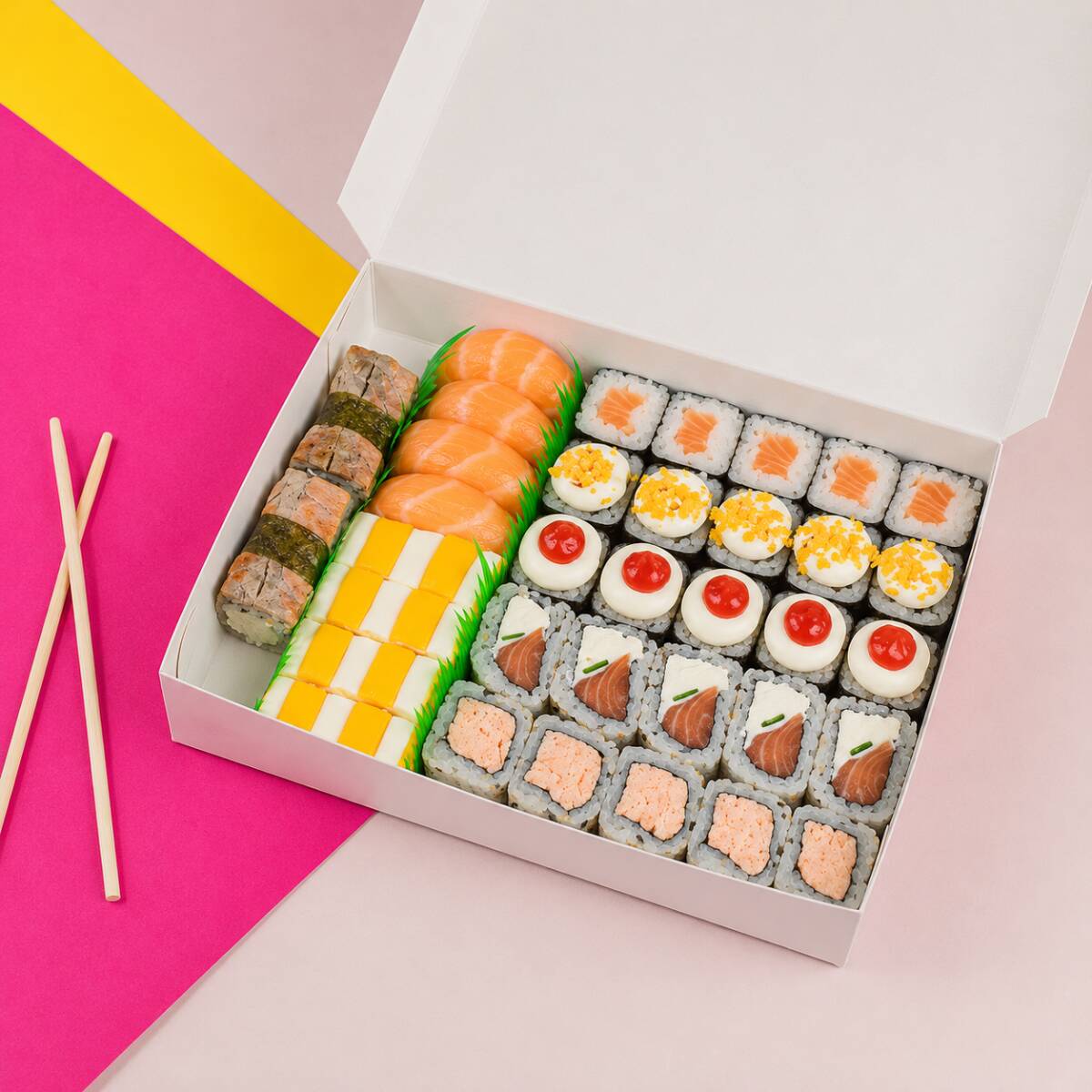 4 Niguiri de salmão fresco, 4 Deliciosas tortinhas de salmão com cream chesse e cheddar, 2 Niguiri skin, 5 Maki skin com cream chesse e Doritos, 5 Maki salmão grelhado com cream chesse e pimenta biquinho, 5 Maki salmão, 5 Uramaki Filadélfia e 5 Uramaki de salmão grelhado.