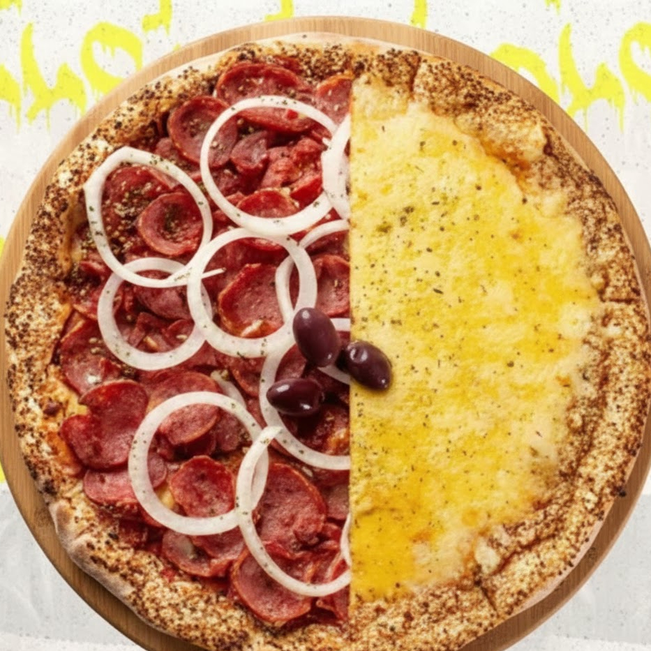 Pizza 1/2 Calabresa 1/2 Mozarela ( 10 fatias ) Calabresa ( Fatias de calabresa com cebola ) Mozarela ( Queijo mozarela ) Pizza acompanha molho de tomate fresco, orégano, azeitonas e gergelim na borda.