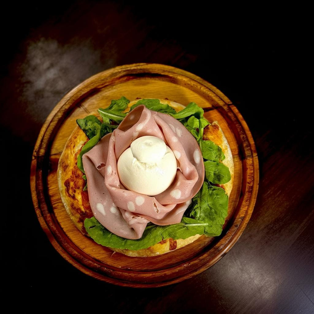 (25 CENTIMETROS, INDIVIDUAL BEM SERVIDA) Generosa Burrata e mortadela finíssima premium.