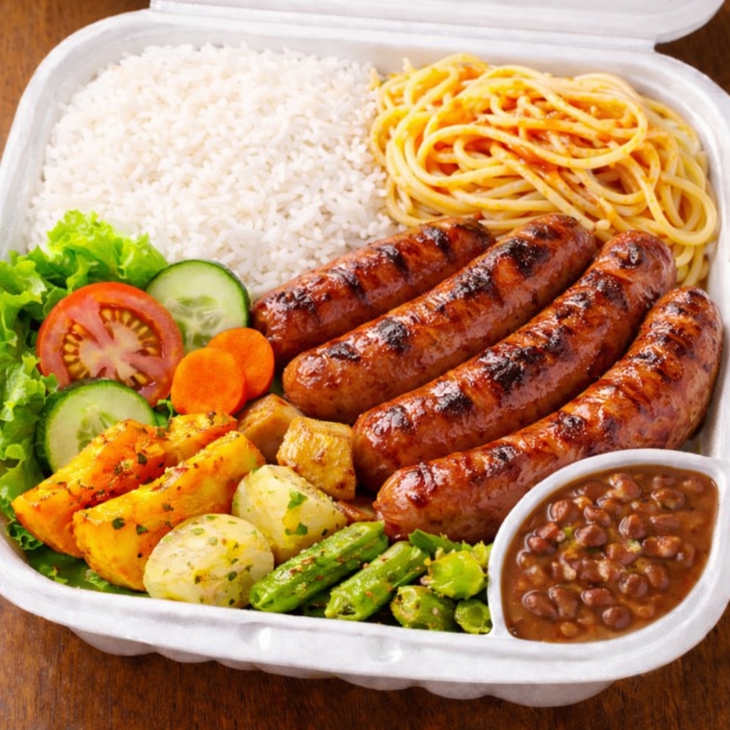 Acompanha: arroz, feijao de caldo, macarrão, carne do dia, verduras refogadas e salada em potinho separado.