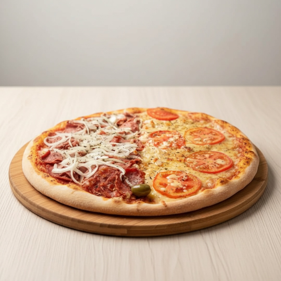 Pizza de 4 Sabores - Gigante | 35cm (8 Fatias) 54 reais e 99 centavos, era 62 reais e 99 centavos Promoção Exclusiva com 4 Sabores das Pizzas Mais Pedidas no Nosso Cardápio. São 2 Fatias de Cada Sabor. Presunto, Á Moda, Calabresa e Frango com Catupiry. Descrição dos Sabores - Presunto: Massa Tradicional, Molho, Mussarela, Presunto e Orégano / Calabresa: Massa Tradicional, Molho, Mussarela, Calabresa e Orégano / À Moda: Massa Tradicional, Molho, Mussarela, Presunto, Calabresa, Tomate, Azeitona, Pimentão, Cebola, Milho e Orégano / Frango com Catupiry: Massa Tradicional, Molho, Mussarela, Frango, Catupiry e Orégano.