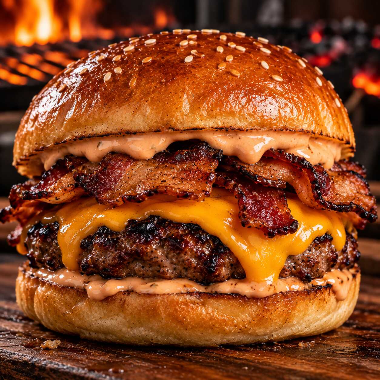 🔥 Bacon Burguer na Brasa
Hambúrguer artesanal de 150g feito na brasa, cheddar bem derretido, bacon defumado crocante e nosso molho rosé especial, no pão de hambúrguer tostado. 🍔🥓🧀