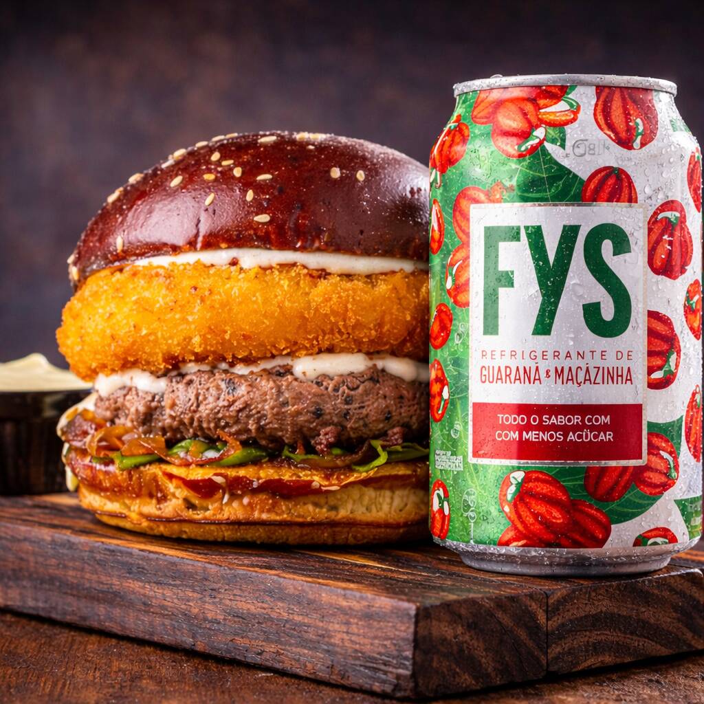 Pão american selado, blend angus 160g, disco de Catupiry empanado 100g, molho especial, alface e cebola caramelizada + Refri Fys 350ml.