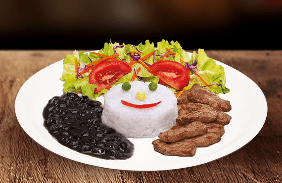 Deliciosas tirinhas de carne temperadas (Aprox. 120g in natura), arroz e 2 acompanhamentos à sua escolha