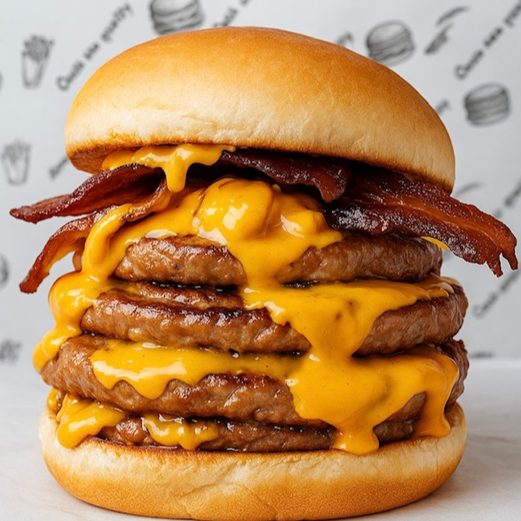 PÃO, 4 CARNES, 4 CAMADAS DE CHEDDAR CREMOSO E BACON