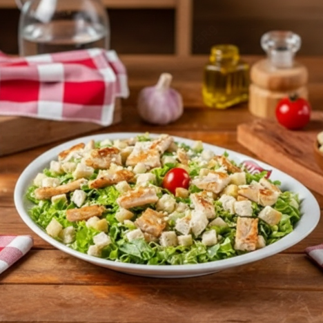 Com proteína de frango em tiras! Salada com alface americana, alface hidropônica, rúcula em tiras, frango, parmesão, croutons e molho caesar.