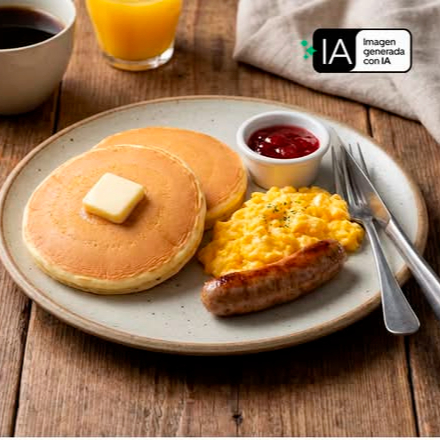 Desayuno Junior Hotcakes,Huevo y Salchicha.