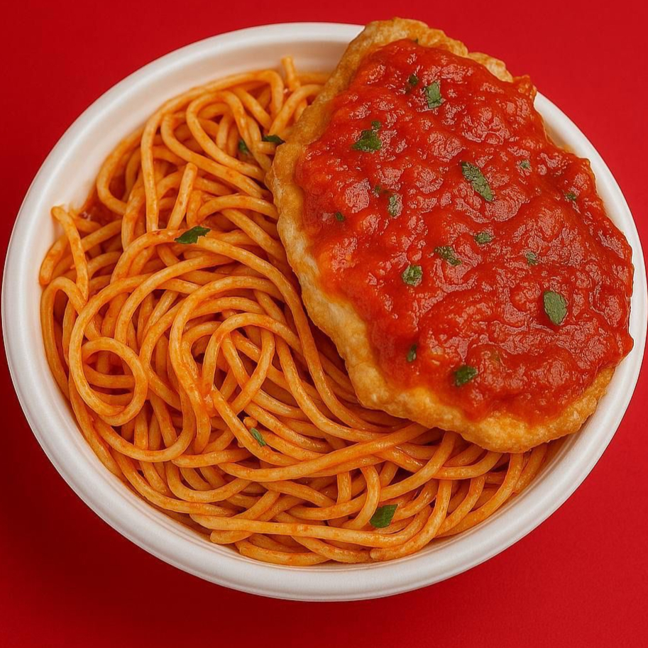 Marmita com filé de frango empanado ,crocante por fora e macio por dentro, coberto com molho de tomate artesanal e queijo derretido. Acompanha um espaguete ao molho de tomate caseiro. Uma combinação perfeita para quem ama massa com sabor caseiro.