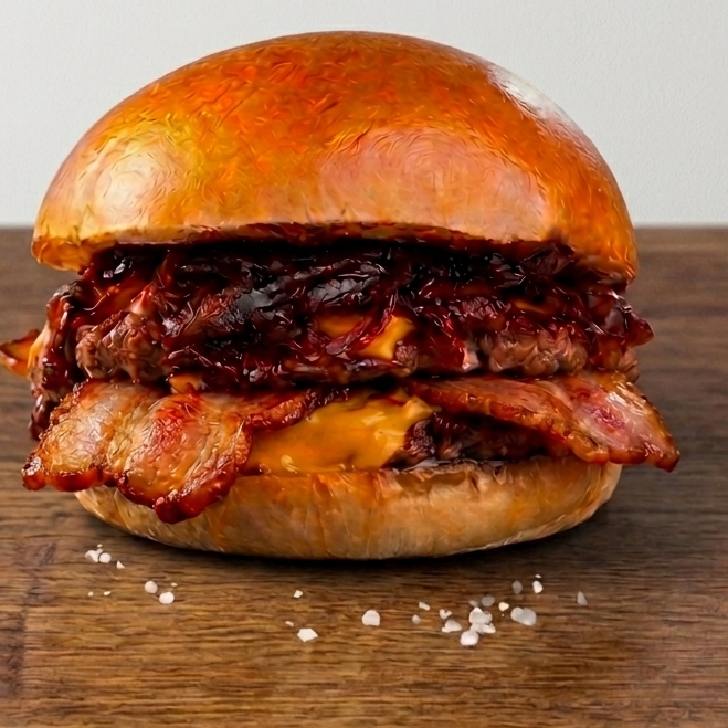 O Equilíbrio Perfeito! Duas carnes bovina e suculentas de 75g grelhadas no ponto certo, cobertas por uma camada generosa de queijo cheddar derretido e o toque adocicado da nossa cebola caramelizada artesanal, bacon. Tudo isso abraçado por um pão brioche macio e amanteigado. É a explosão de sabores que o seu dia merece!