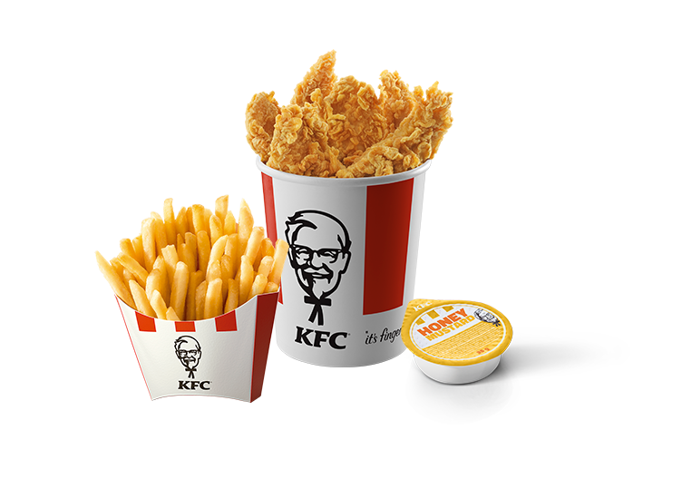 Deu aquela vontade de frango no meio do dia? Vem com o Balde Médio (5 Tiras) + 1 Molho do KFC + 1 Batata Grande!