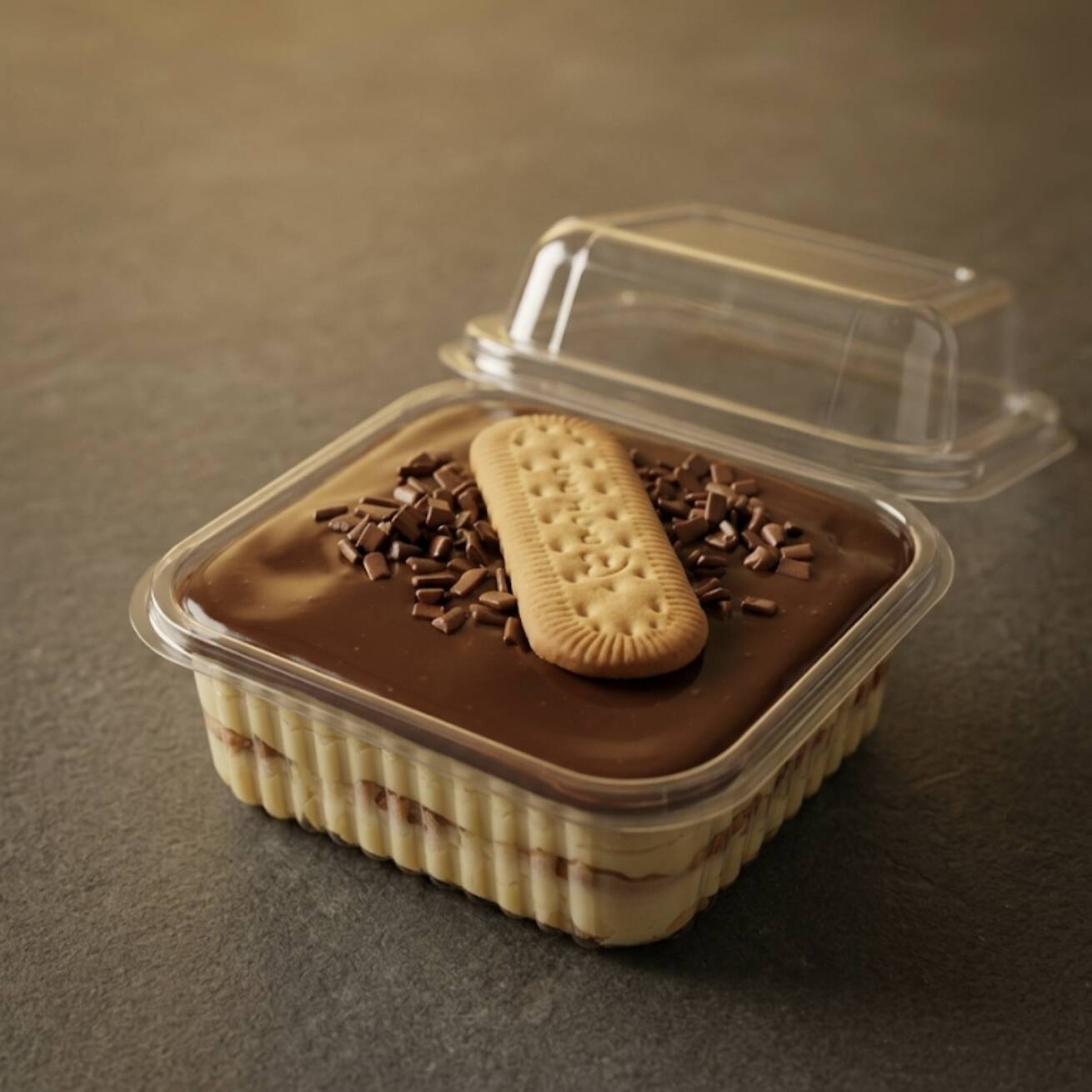 Delicioso pavê de biscoito com creme Ninho cremoso e finalizado com ganache de chocolate ao leite e granulé.