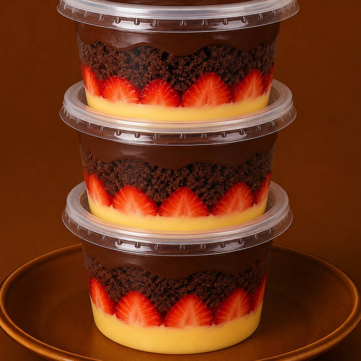 Creme 4 leites, morangos frescos, bolo de chocolate molhadinho e ganache de chocolate blend (ao leite e meio amargo).