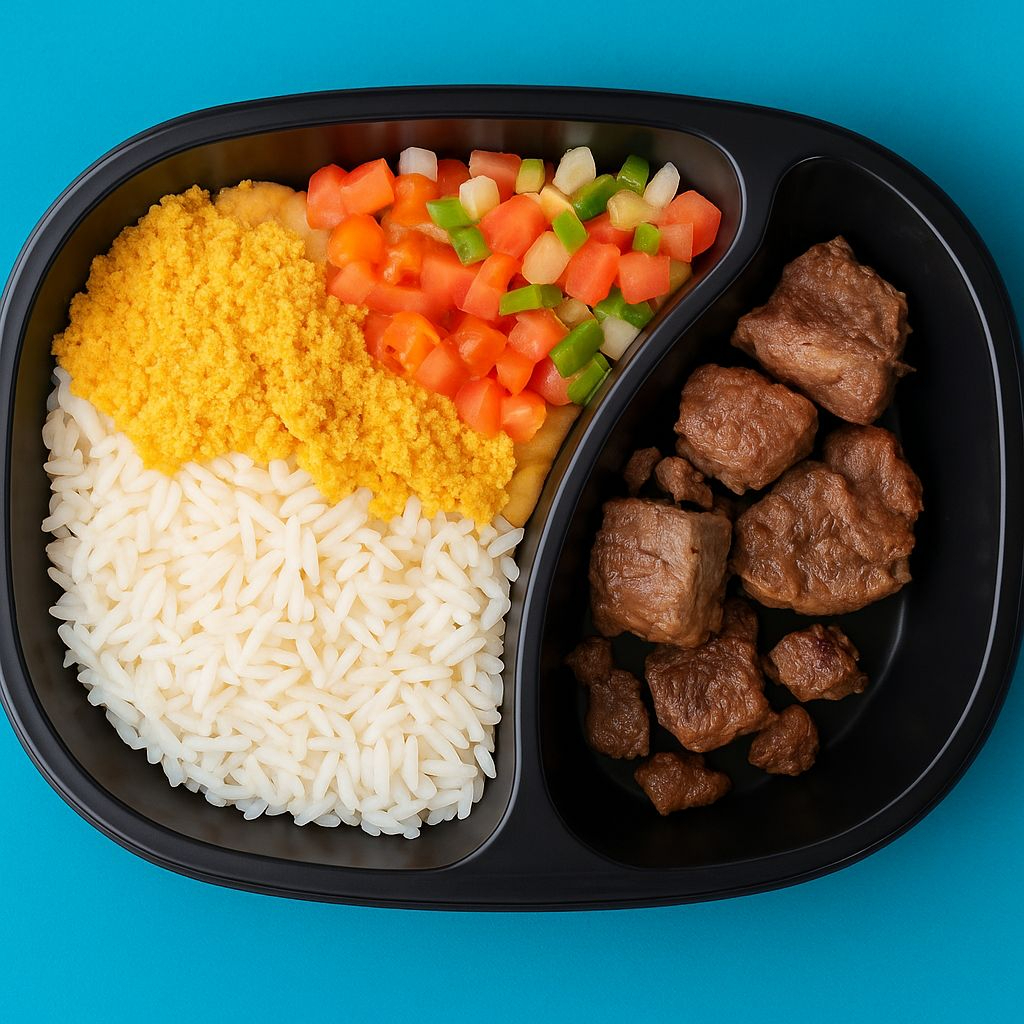 Maravilhe-se com a nossa 'Marmitex com Espeto Bovino (Alcatra / Contra Filé)', uma estrela da categoria 'Espetos Premium'. Este prato apresenta um suculento espetinho bovino, escolha entre a nobre alcatra ou o saboroso contra filé, ambos grelhados à perfeição. Acompanha um arroz soltinho e bem temperado, uma farofa crocante e saborosa, e um vinagrete fresco e picante, que traz um toque especial de acidez e frescor. Uma combinação equilibrada e repleta de sabor que promete uma refeição completa e muito satisfatória.