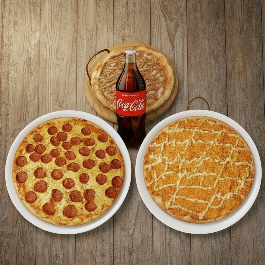 Aproveite nossa irresistível oferta na categoria 'Promoções Gigantes'. Esse combo é composto por duas suntuosas pizzas gigantes de 40cm, recheadas com ingredientes frescos e de alta qualidade. Além disso, acompanha um delicioso brotão doce, perfeitamente equilibrado em sabor, ideal para finalizar sua refeição com um toque de doçura. Para tornar sua experiência ainda mais completa, oferecemos um re